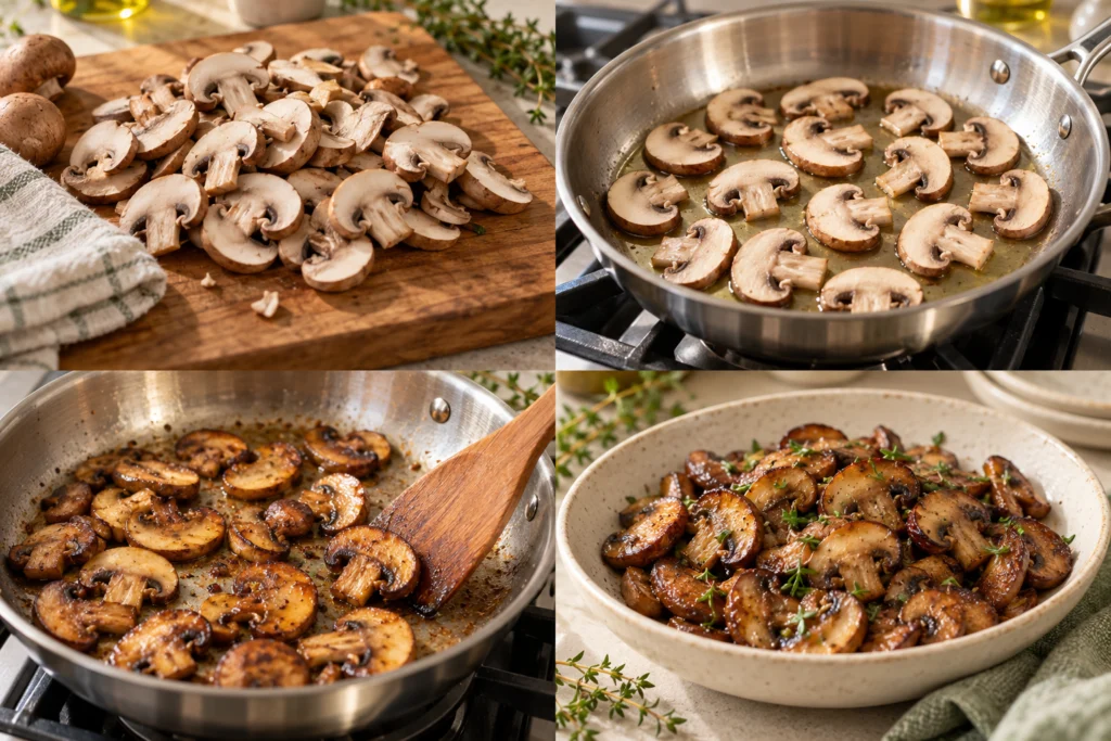Dry the mushrooms and cut even slices.