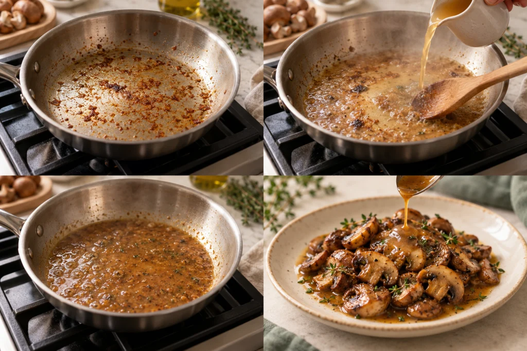 Keep brown fond, but avoid burnt black residue.