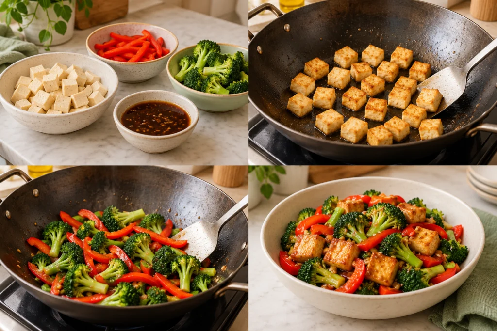 Prepare tofu, vegetables, and sauce before heating.
