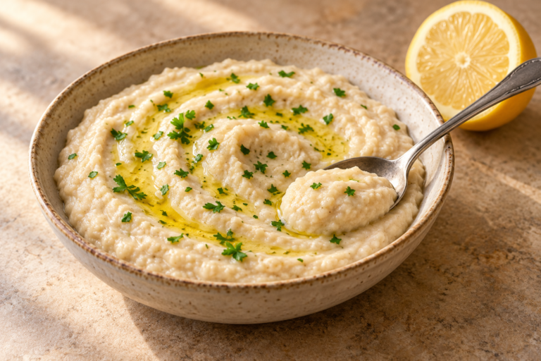 White bean dip in a shallow bowl with parsley, lemon and a spoon.