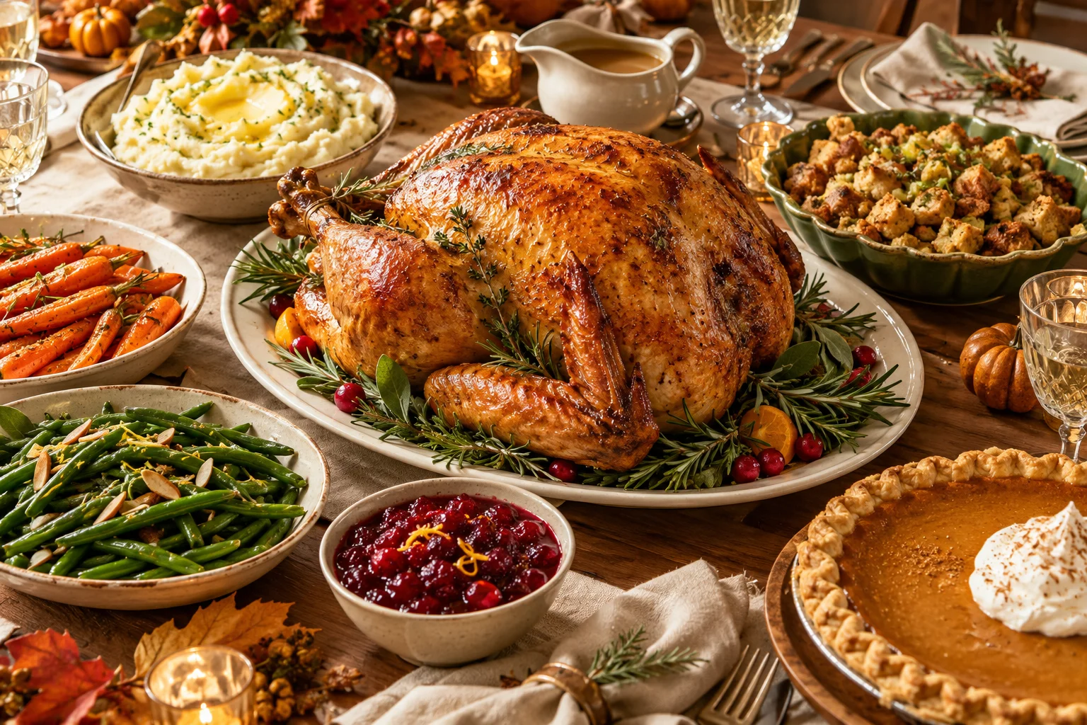 Illustrative Thanksgiving dinner with golden roast turkey, colorful sides and pumpkin pie